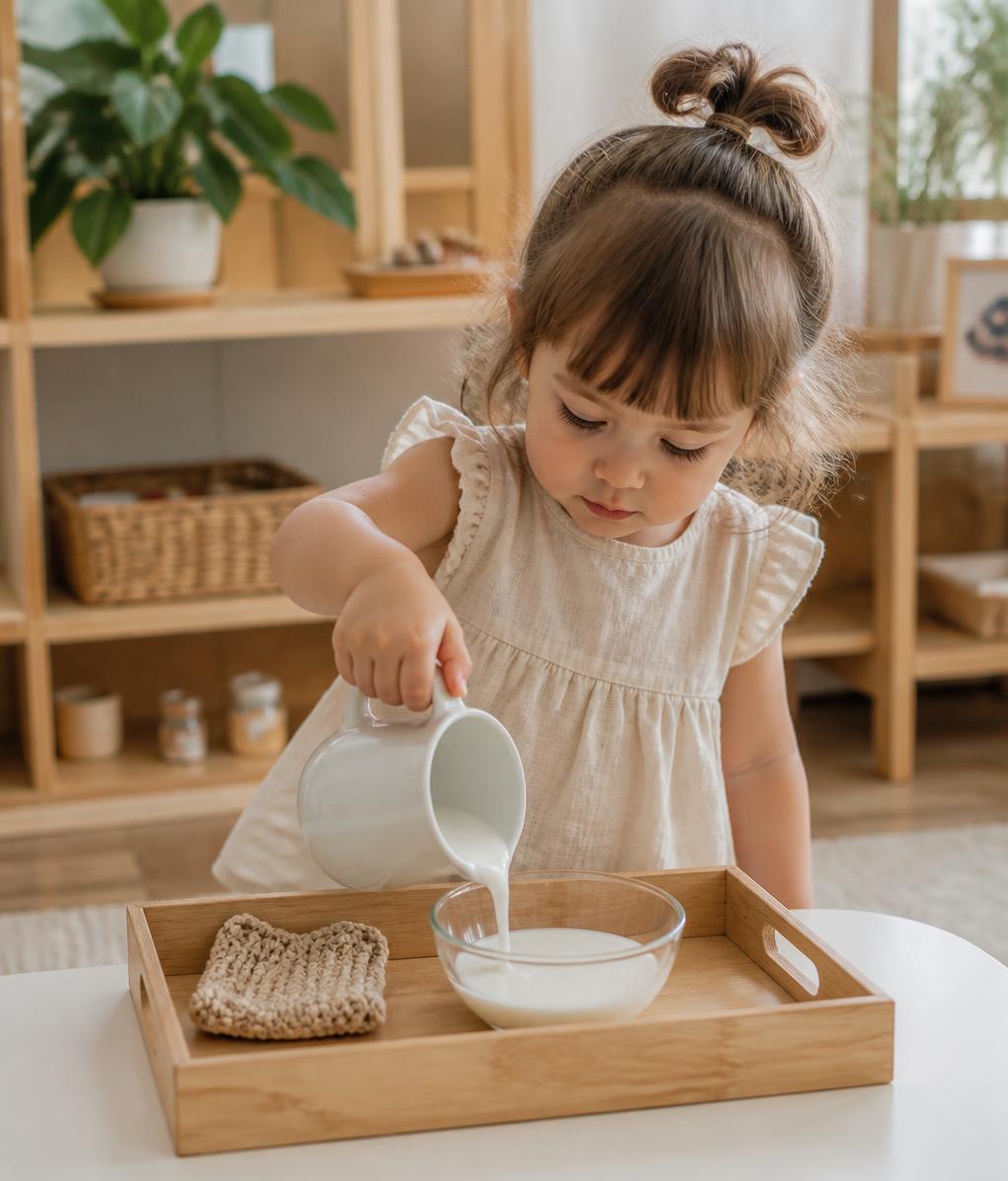 Toddler carefully pouring milk into a bowl on a wooden Montessori tray