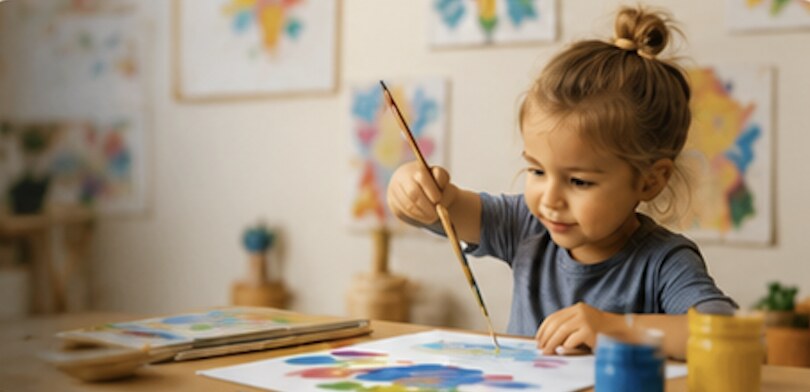 Homeschooled child holding up a leaf-print painting in the garden